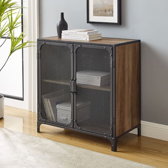 Walker Edison 30" Reclaimed Barnwood Industrial Mesh Metal Door Accent Cabinet